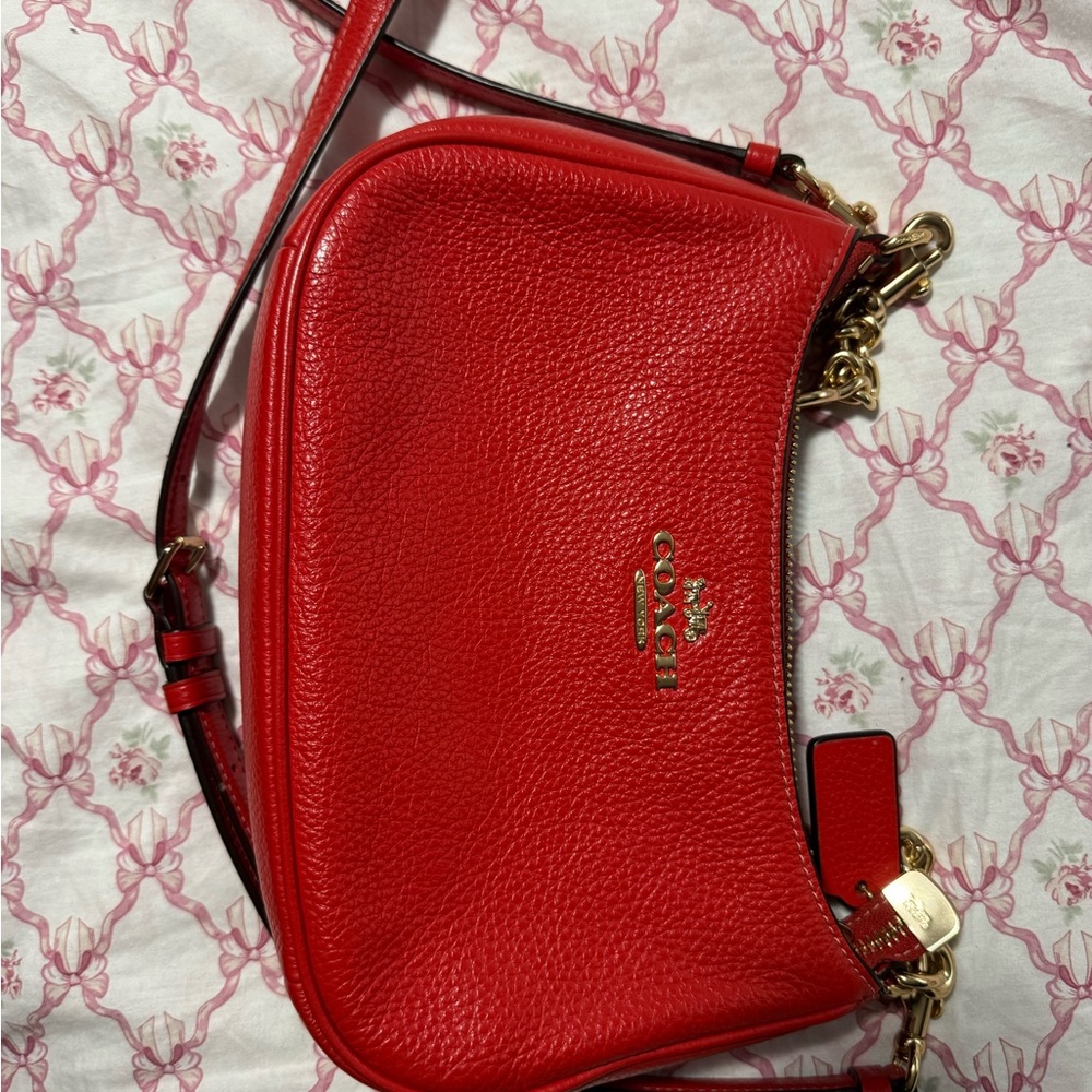 Coach Red Pebbled Leather Crossbody Bag with Gold Hardware
